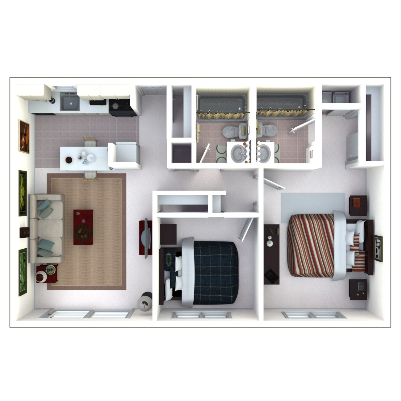 Floor plan for 2 beds, 2 baths, 837 sqft